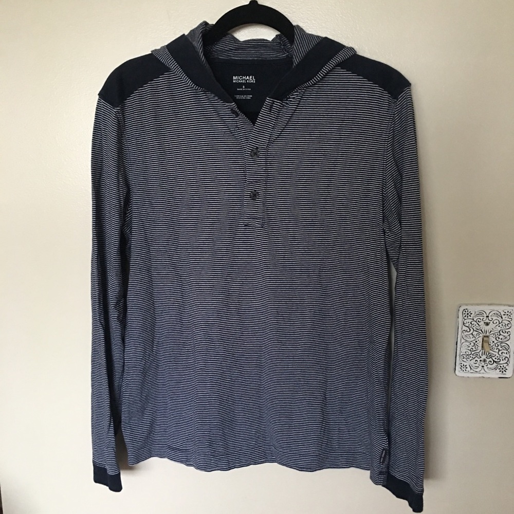 Michael Kors Hooded Black and Gray Striped Men's Tshirt Top Sz S
